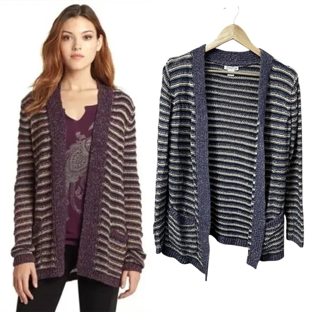 Lucky Brand Striped Cardigan Purple L Slouchy‎ Relaxed Woven Indie Grunge Marled